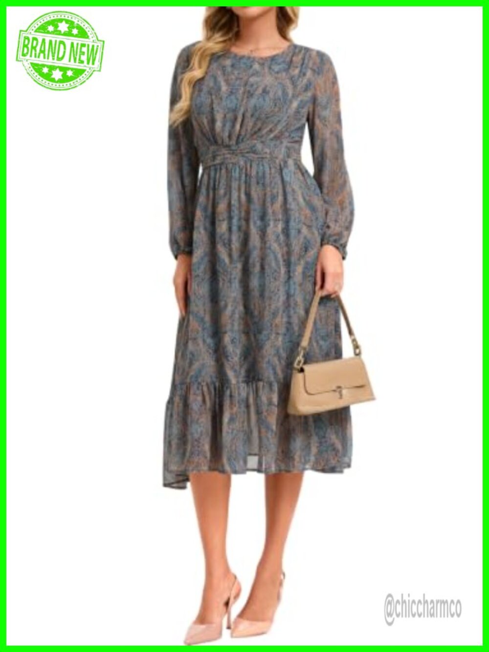 Polyester Puff Sleeve Ruched Waist A-Line Flowy Midi Dress Wedding Guest